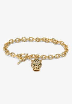 Marquise Cut Green Crystal Goldtone Charm Bracelet, 8 Inches