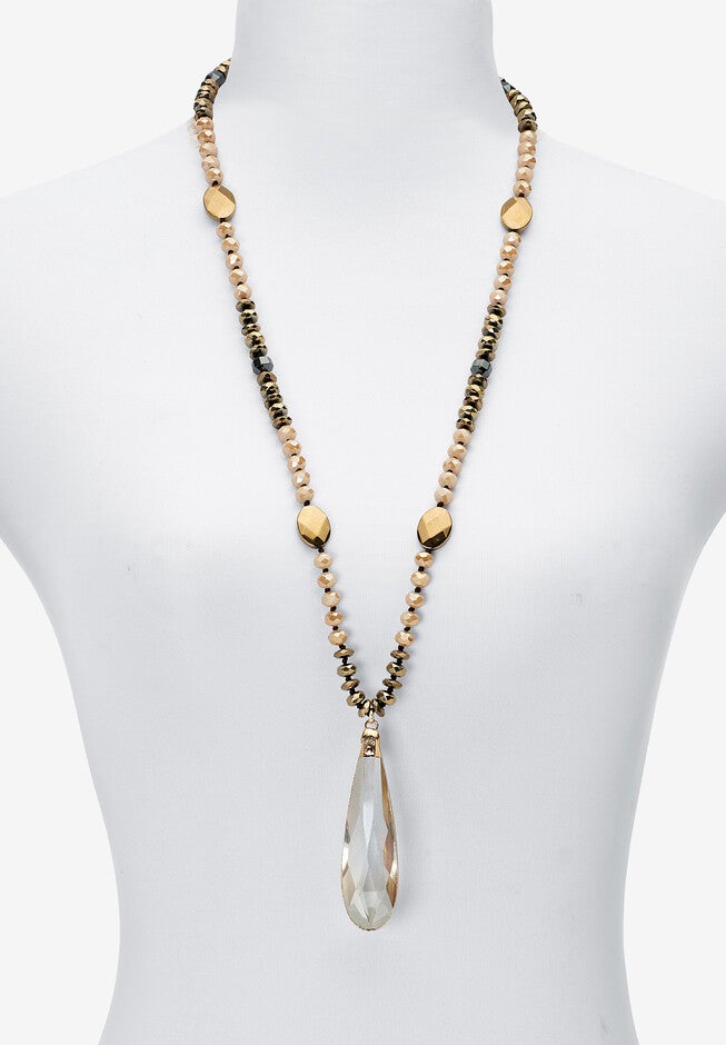 Brown Faceted Crystal Pendant Goldtone Drop Necklace, 32-Inch Length, , alternate image number null