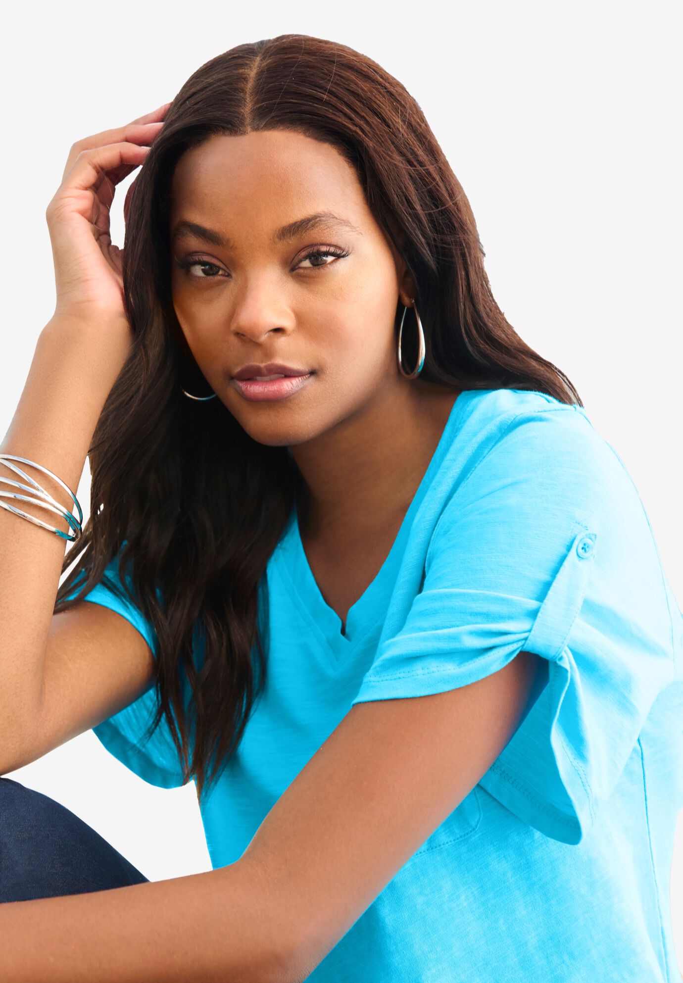 Plus Size Slub V-Neck Boyfriend Tunic Top, , alternate image number 4