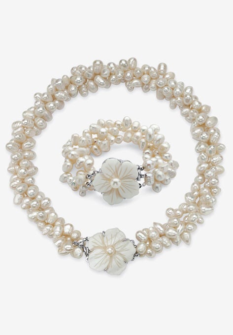 Silver Tone Oval Cultured Freshwater Pearl (7x9mm) Flower Necklace and Bracelet Set, 18 inches, SILVER, hi-res image number null