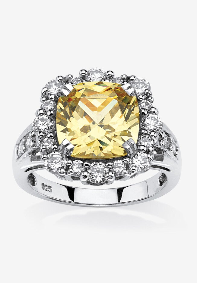 Platinum over Sterling Silver Princess Cut Canary Cubic Zirconia Ring, WHITE, hi-res image number null