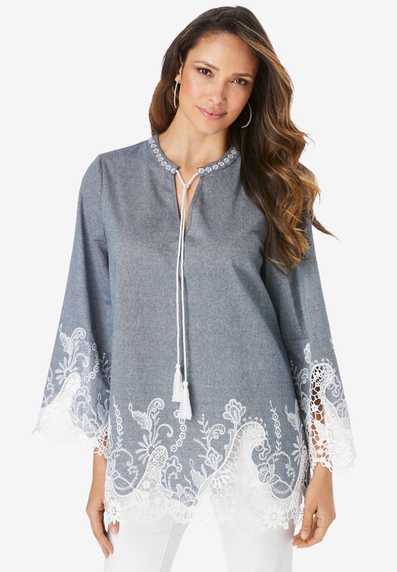 Lace Chambray Tunic, LIGHT STONEWASH, hi-res image number 0