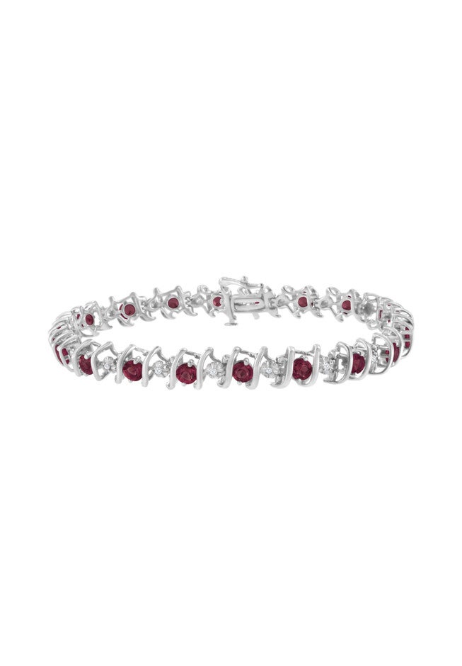Sterling Silver Gemstone & Round Diamond Tennis Bracelet Ruby July Birthstone, WHITE, hi-res image number 0