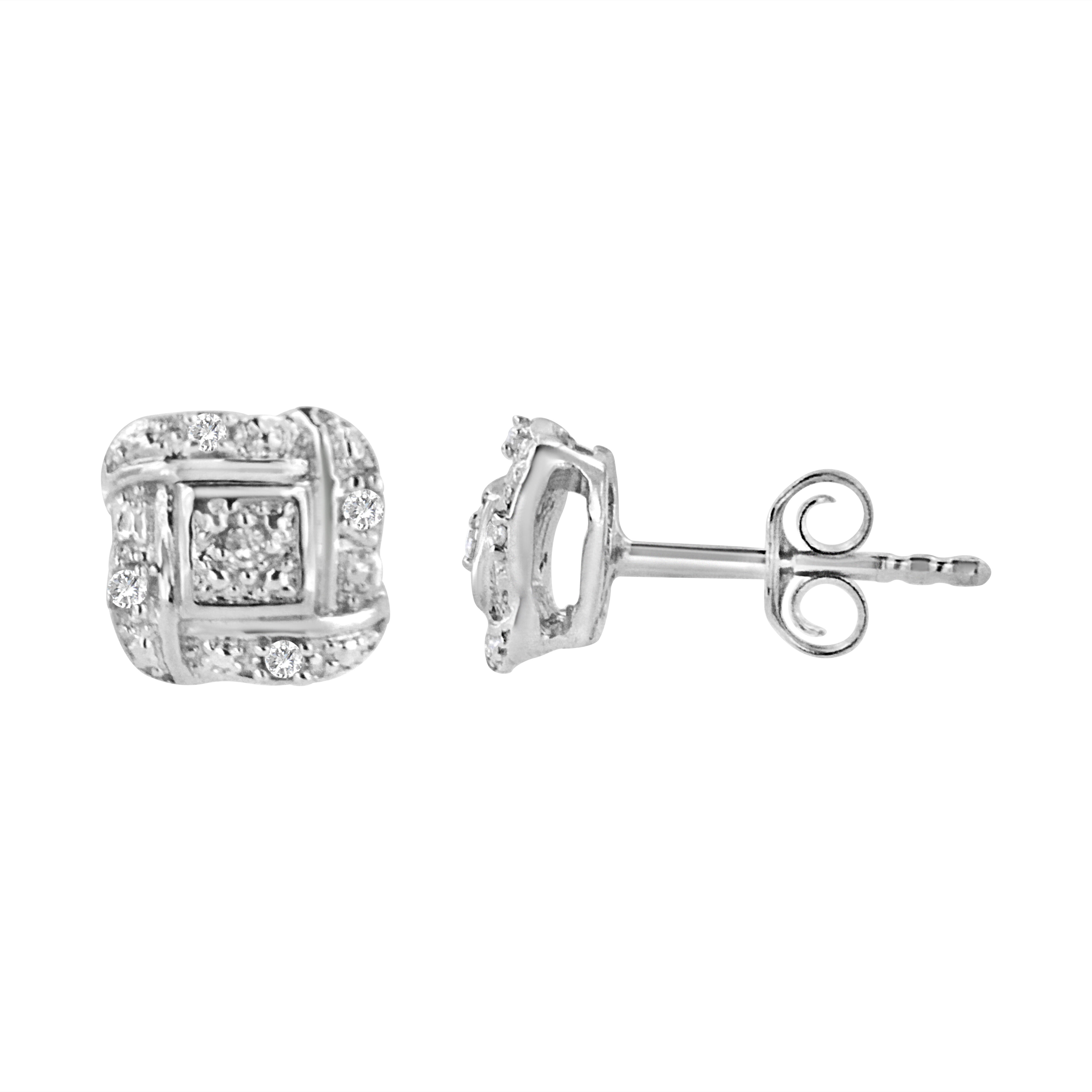Sterling Silver Round Cut Diamond Square Stud Earrings (0.04 cttw, H-I Color, I2-I3 Clarity), WHITE, alternate image number 2
