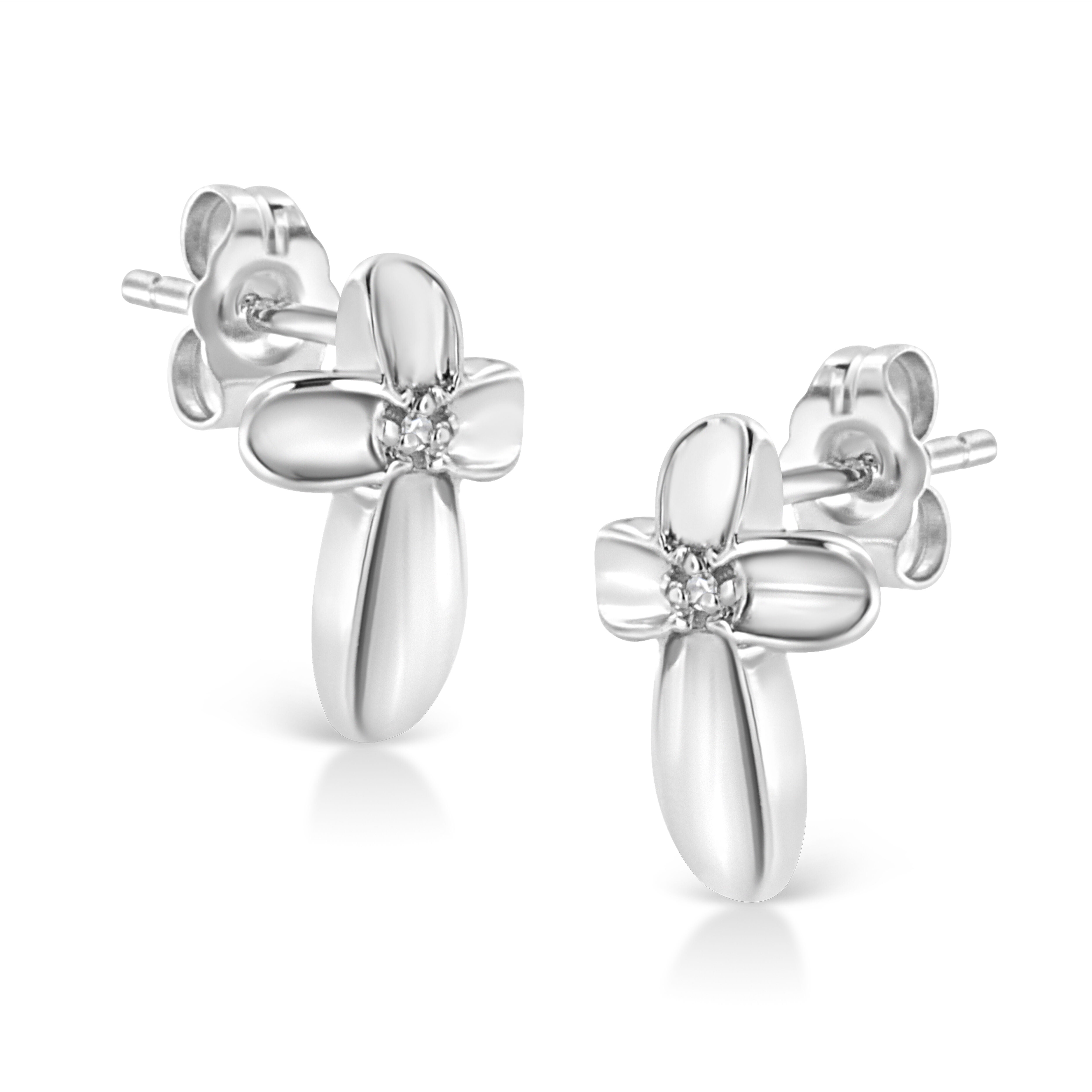 .925 Sterling Silver Prong Set Diamond Accent Floral Cross Stud Earring (I-J Color, I1-I2 Clarity), WHITE, on-hover image number 1