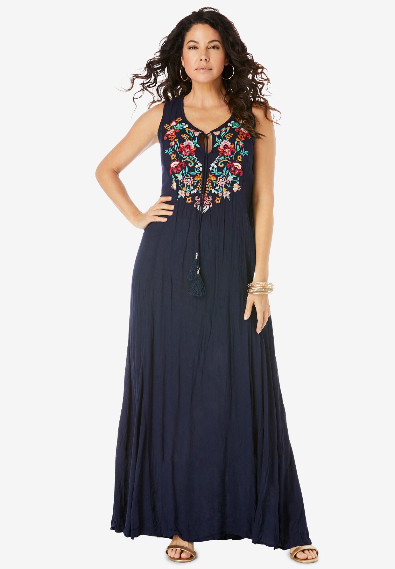 Embroidered Sleeveless Crinkle Dress, NAVY, hi-res image number 0