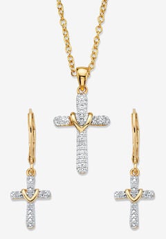 Diamond Accent Gold-Plated 2-Piece Cross Earring and Necklace Set 18"-20"