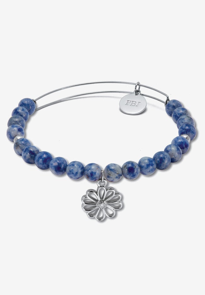 Genuine Blue Sodalite Silvertone Flower Charm Bangle, 7.5 Inches, BLUE, hi-res image number 0