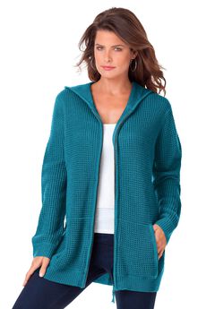Plus Size Waffle Knit Zip-Front Relaxed Hoodie
