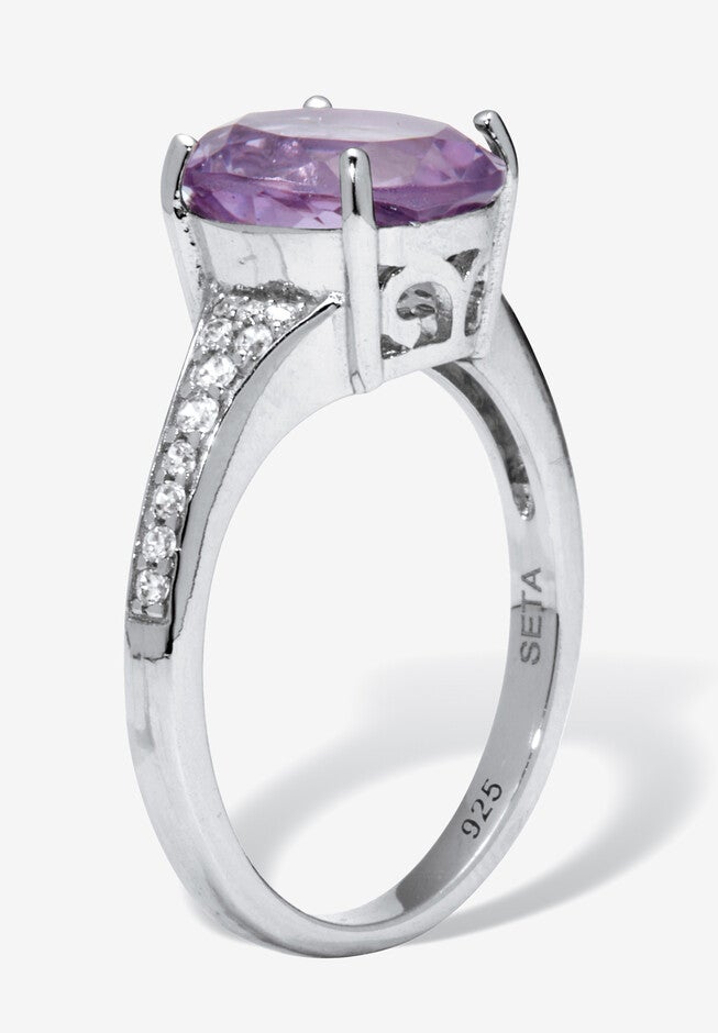 3.40 Tcw Oval Genuine Purple Amethyst And Cubic Zirconia Sterling Silver Ring, , on-hover image number 1