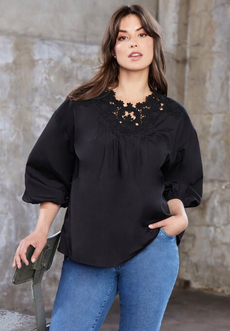 Lace La Vie Poplin Top, BLACK, hi-res image number null