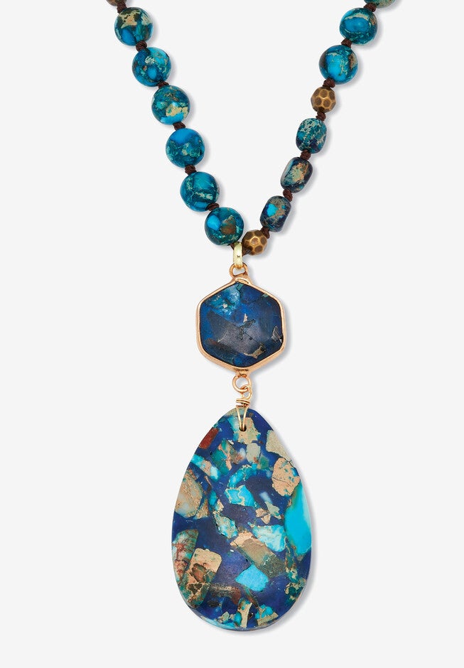 Genuine Blue Agate Goldtone Beaded Drop Pendant Necklace 34-Inch, BLUE, hi-res image number null