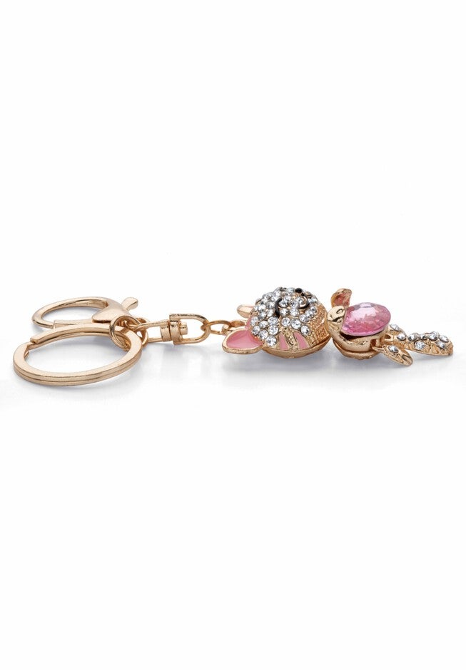 Goldtone Oval Shaped Pink Crystal and White Crystal Accents Cat Key Ring, , on-hover image number 1