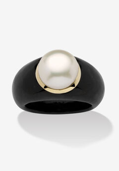 10K Black Pearl Ring Round Cultured Pearl Black Jade Yellow Gold Ring