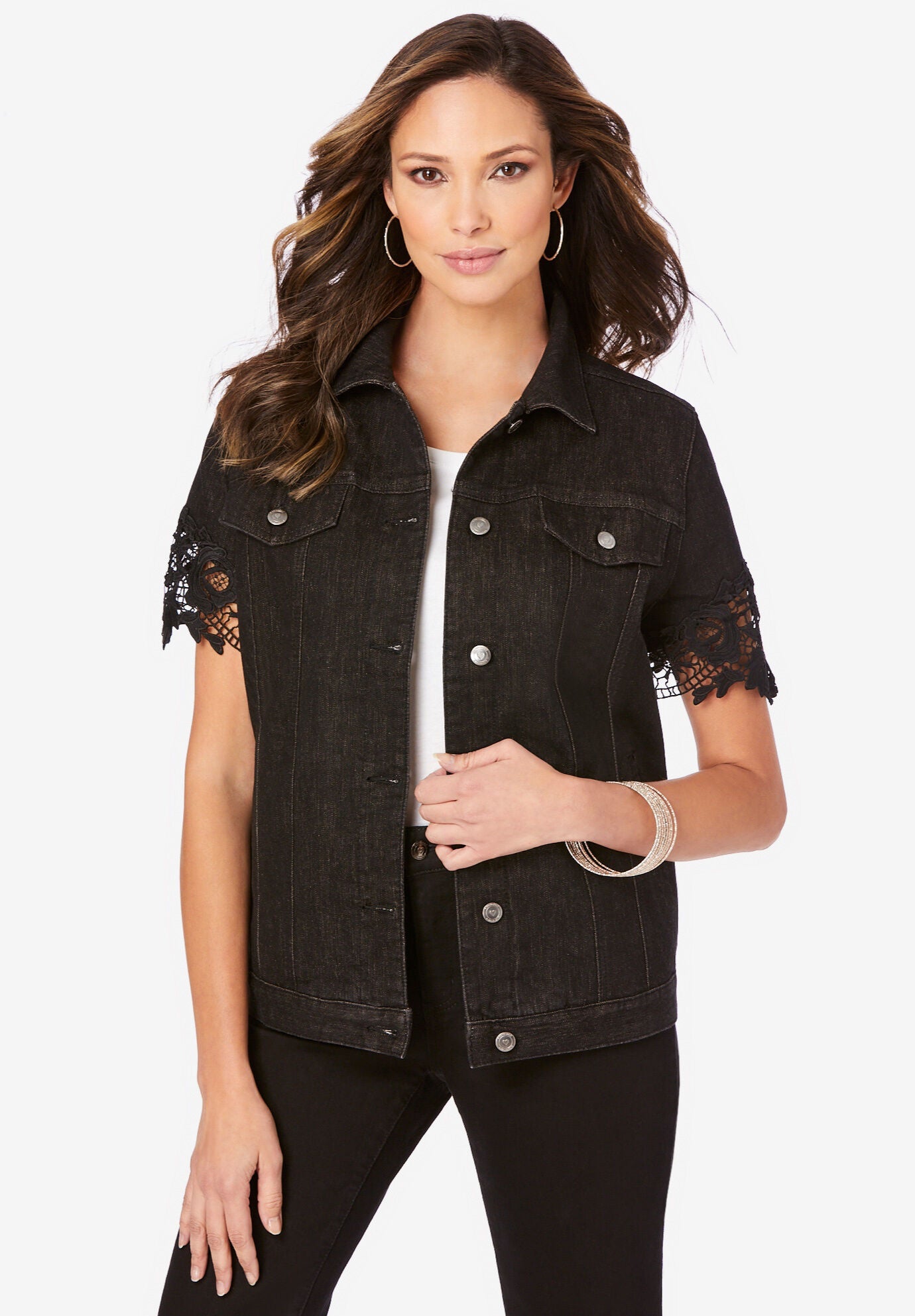 Short-Sleeve Lace Denim Jacket, BLACK, hi-res image number 0
