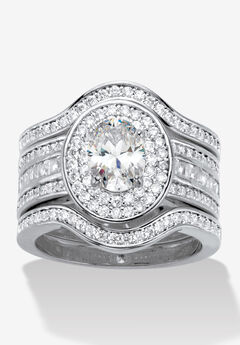 2.60 Cttw. Oval Cubic Zirconia Platinum-Plated Halo Scalloped Wedding Ring Set