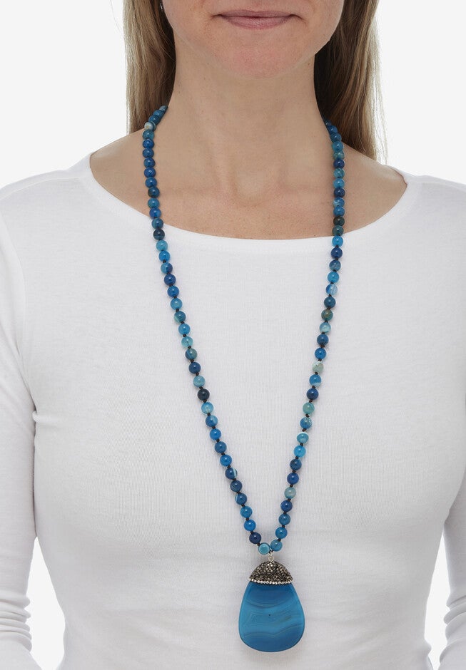 Round Genuine Blue Agate Crystal Accented Silvertone Drop Necklace 34 Inch, , alternate image number 5