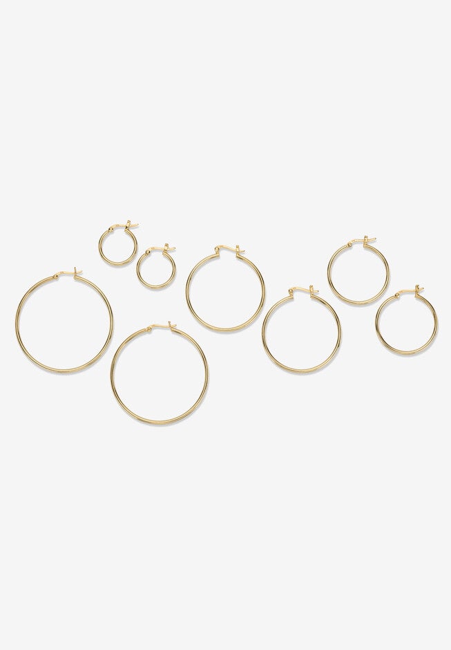 4-Pair Set Gold-Plated Sterling Silver Polished Hoop Earrings Jewelry, , on-hover image number 1