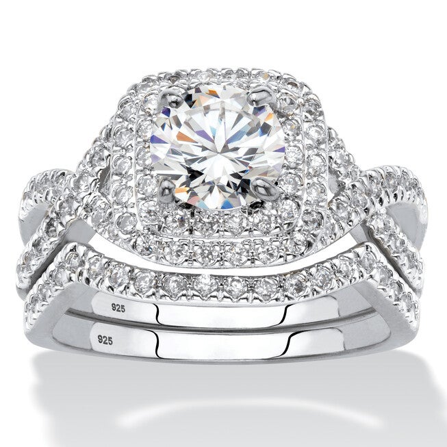 2.20 TCW CZ Two-Piece Halo Bridal Ring Set in Platinum-plated Sterling Silver, WHITE, hi-res image number 0