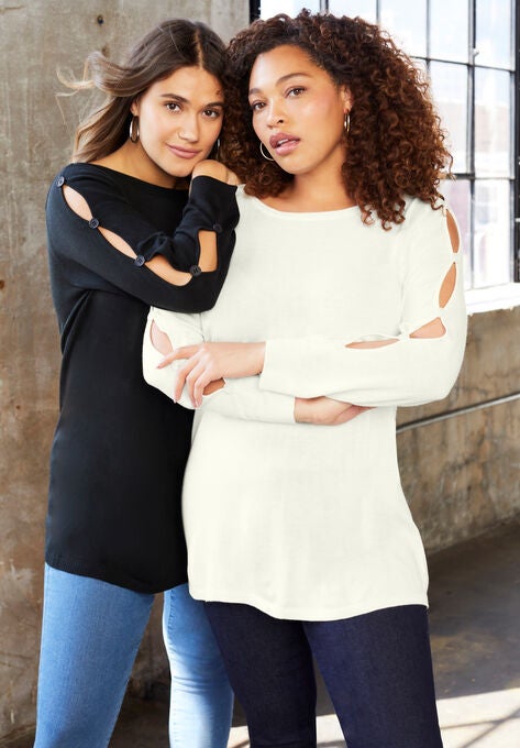Button-Sleeve Sweater, IVORY, hi-res image number null