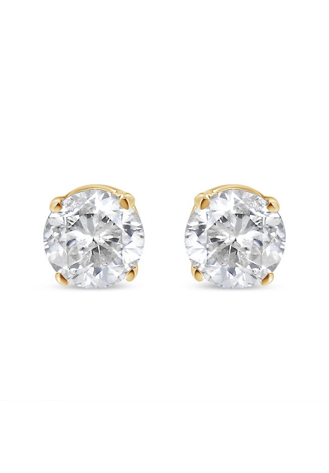 Round Brilliantcut Diamond Yellow Gold Classic 4Prong Solitaire Stud Earrings, , on-hover image number 1