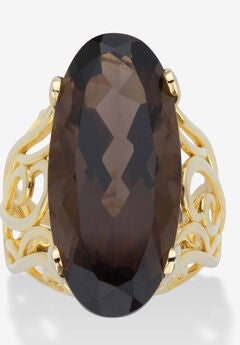 4 Cttw. Oval-Cut Genuine Smoky Topaz Gold-Plated Silver Scrolled Faceted Ring