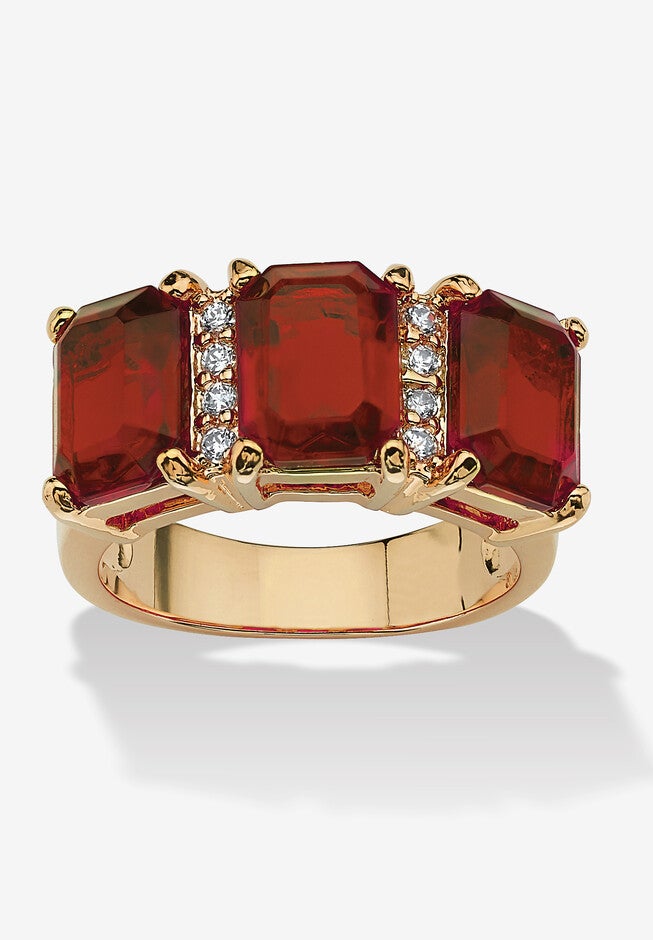 Yellow Gold-Plated Emerald Cut 3 -Stone Simulated Birthstone & CZ Ring, JANUARY, hi-res image number 0