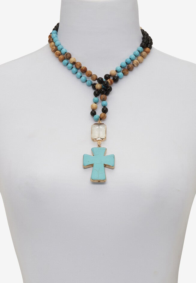 Genuine Turquoise Jasper And Multicolor Agate Beaded Cross Necklace 40 Inch, , alternate image number 4