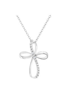 Sterling Silver Diamond Accent Cross Ribbon Pendant Necklace