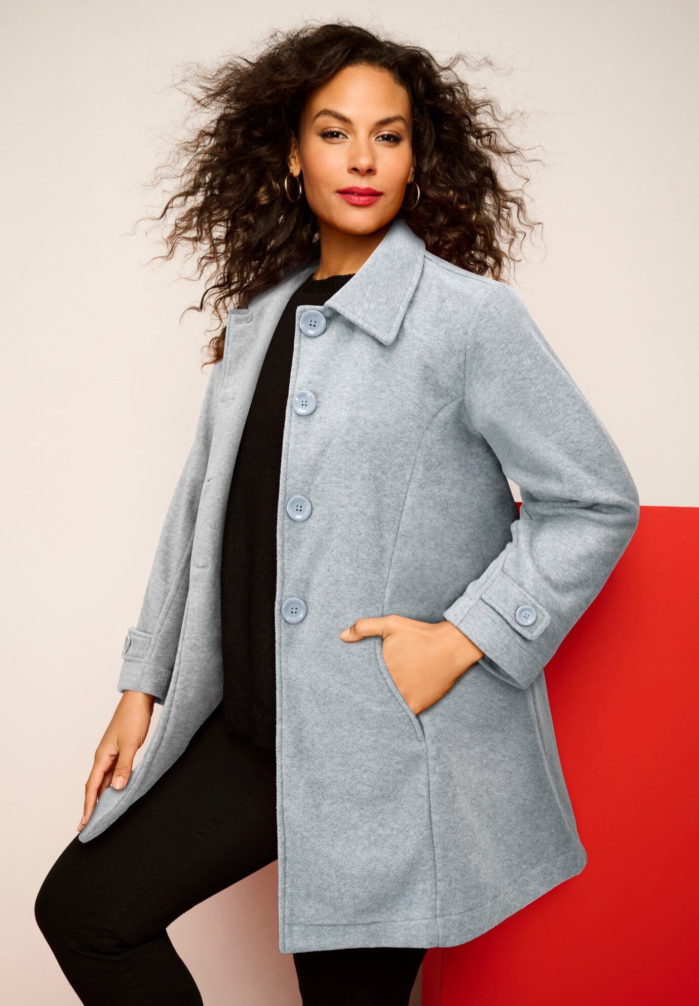 Plus Size Button Up Fleece Jacket, MEDIUM HEATHER GREY, hi-res image number 0