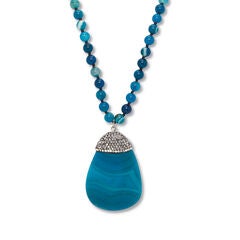 Round Genuine Blue Agate Crystal Accented Silvertone Drop Necklace 34 Inch