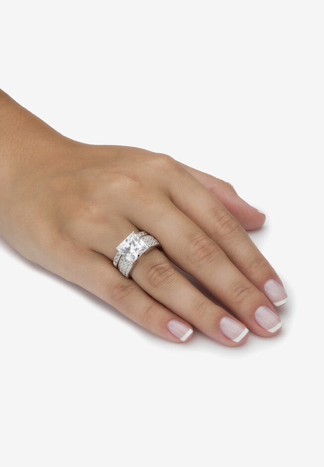 4.80 Tcw Cubic Zirconia Platinum-Plated Sterling Silver 2-Piece Bridal Ring Set, , alternate image number null