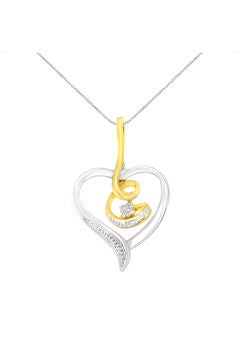 Yellow & White Gold Diamond Accented Round Cut Diamond Swirl Open Heart Pendant Necklace