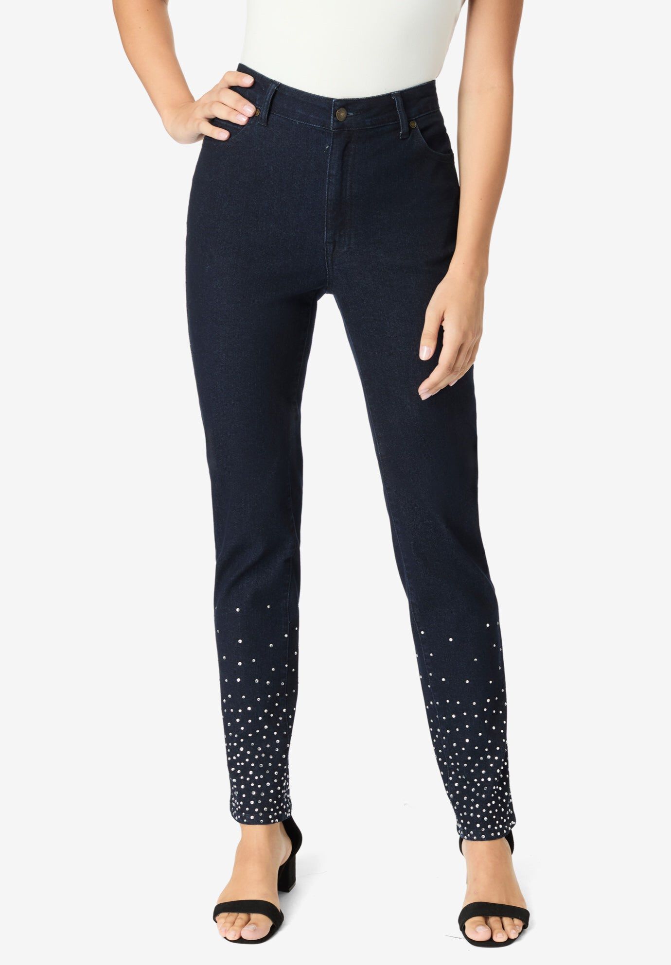 Plus Size Invisible Stretch® Embellished Straight-Leg Iconic Jean, DARK WASH RHINESTONES, hi-res image number 0