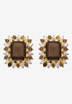 10.31 Tcw Emerald-Cut Genuine Smoky Topaz And Cz Gold-Plated Halo Earrings