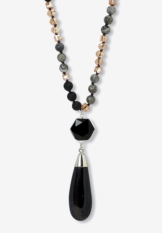Genuine Black Agate Silvertone Drop Necklace, 32-Inch Length, BLACK, hi-res image number 0