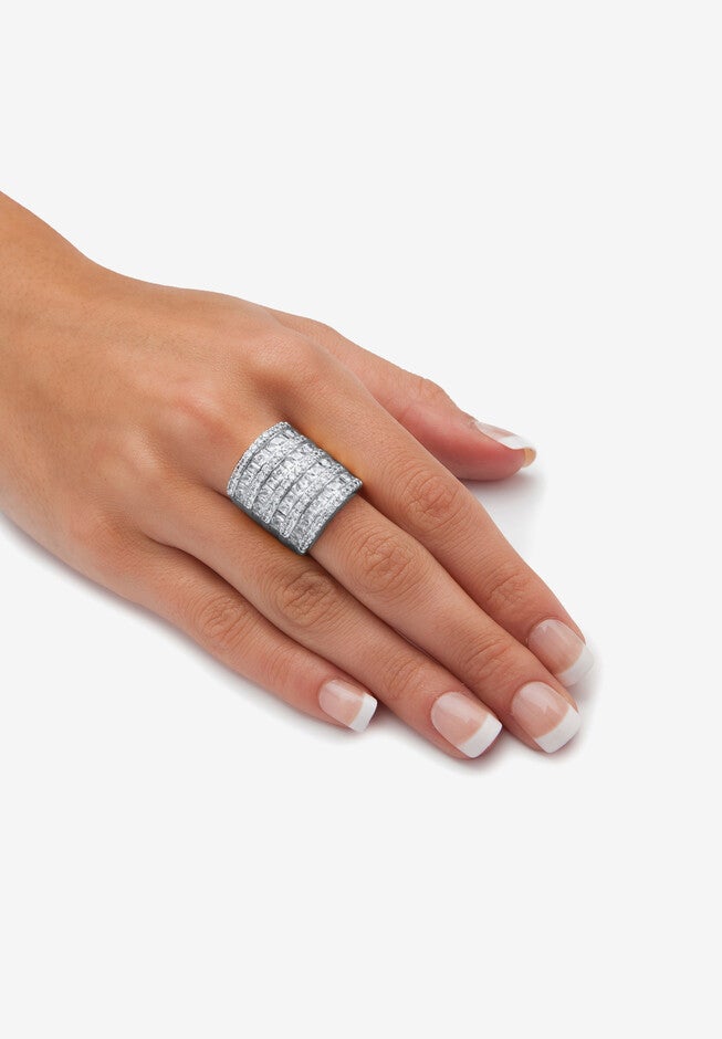 6.26 Tcw Baguette-Cut And Round Cubic Zirconia Silvertone Cocktail Ring, , alternate image number 2