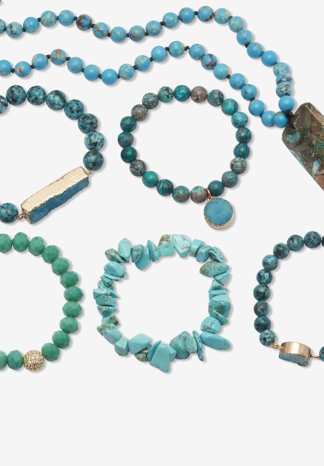 Genuine Blue Jasper Goldtone Necklace And Beaded Bracelet Set, 34 Inches, , alternate image number 6