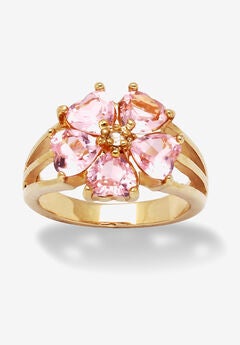 Yellow Gold-Plated Heart Shaped Flower Petals Ring Pink Cubic Zirconia Jewelry