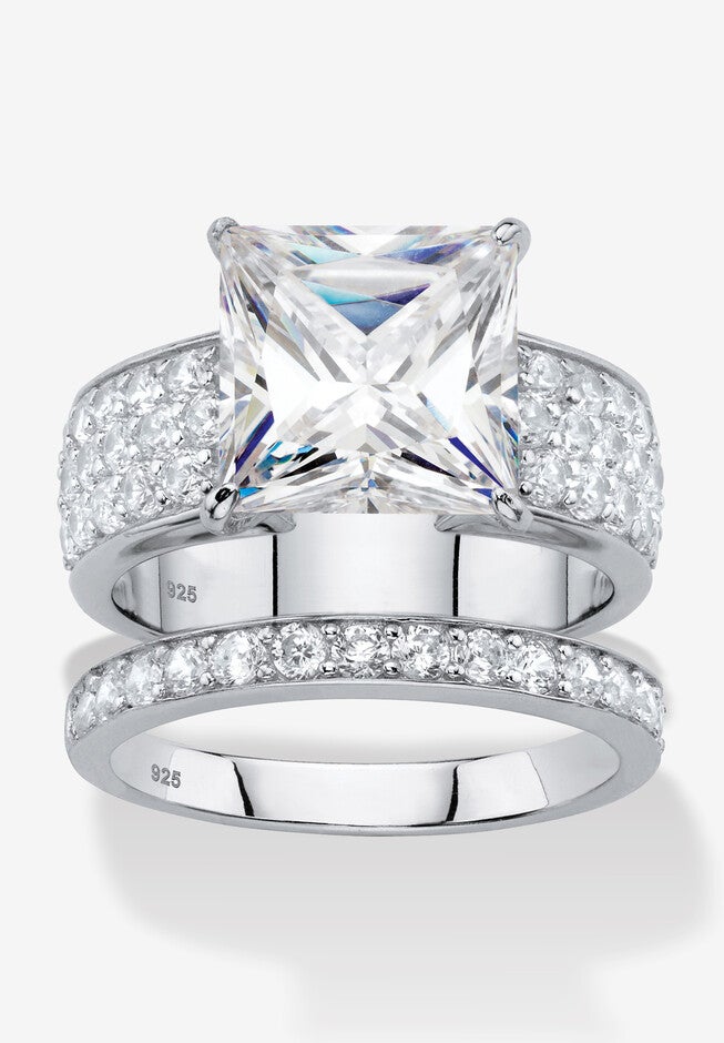 4.80 Tcw Cubic Zirconia Platinum-Plated Sterling Silver 2-Piece Bridal Ring Set, SILVER, hi-res image number null