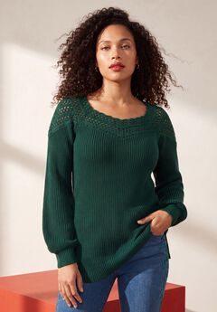Plus Size Crochet Pullover Sweater with Sweetheart Neckline