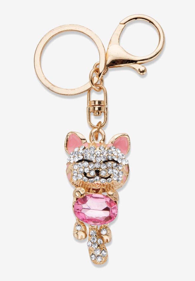 Goldtone Oval Shaped Pink Crystal and White Crystal Accents Cat Key Ring, CRYSTAL GOLD, hi-res image number 0