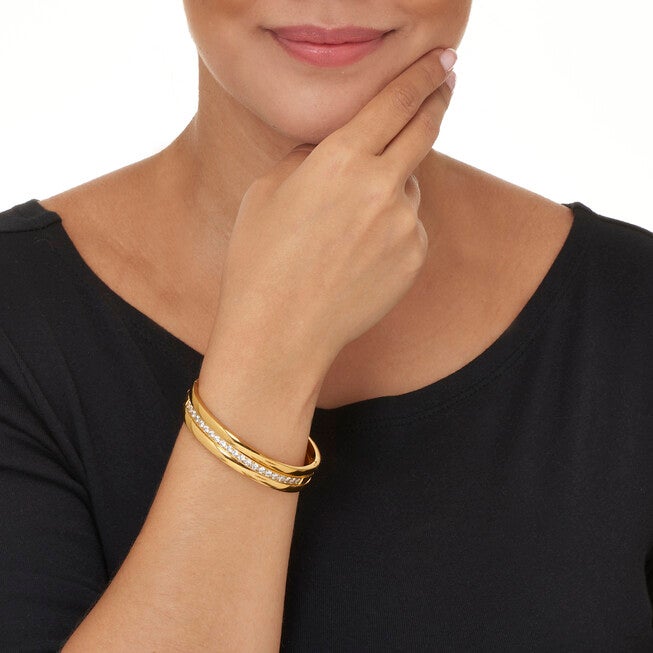 Round Crystal Yellow Gold Ion-Plated Stainless Steel Bangle Bracelet Set 7-inch, WHITE, alternate image number 2