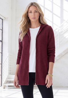 Plus Size Waffle Knit Zip-Front Relaxed Hoodie