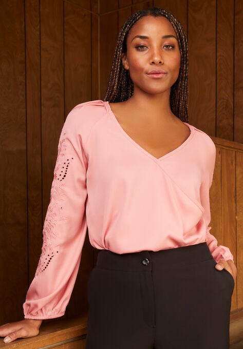 Embroidered V-Neck Wrap Blouse, DESERT ROSE, hi-res image number null