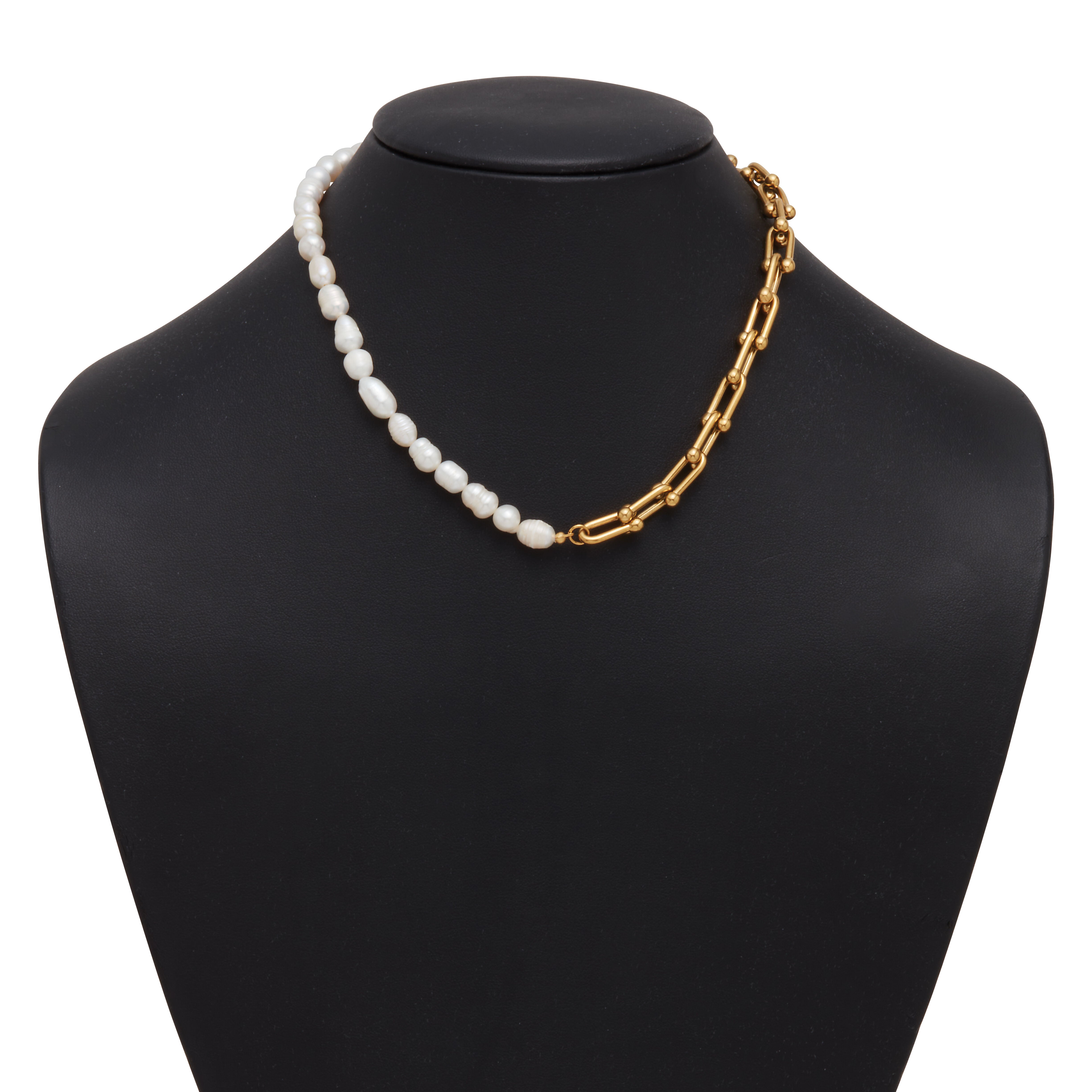 Pearl Gold-Ion Plated Stainless Steel Necklace 16-inch, WHITE, alternate image number 3