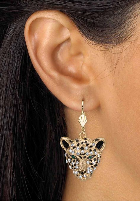 Gold Tone Leopard Face Drop Earrings, , alternate image number null