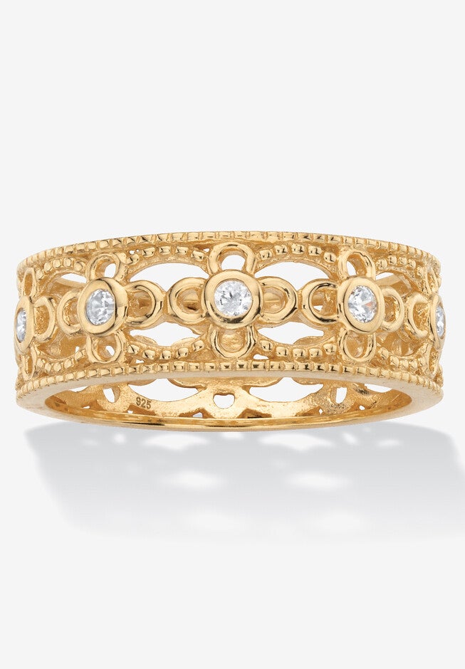 .25 Cttw Round Gold-Plated Sterling Silver Cubic Zirconia Filigree Ring, SILVER, hi-res image number 0