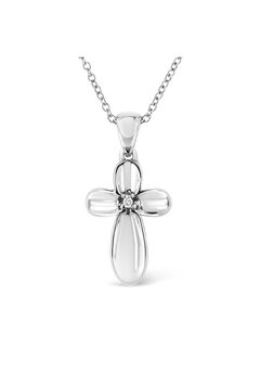 Silver Prong-Set Diamond Accent Floral Cross 18" Pendant Necklace