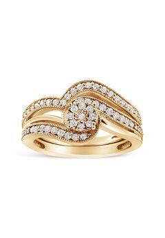 Yellow Gold Plated Silver 1/3Ct Cttw Multi-Diamond Bypass Vintage-Style Bridal Set